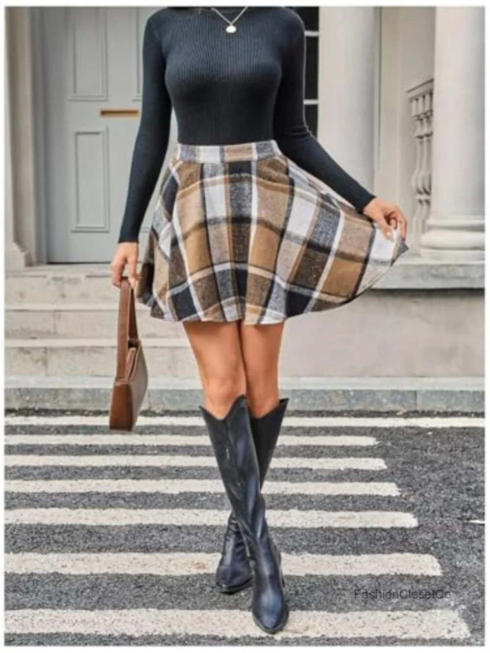 Plaid Flannel Skater Skirt High Waisted Flared A-Line Work Spring Midi Mini